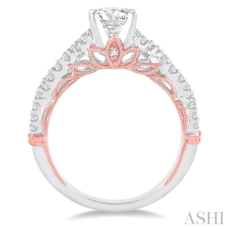 1 1/10 ctw Diamond Engagement Ring with 5/8 Ct Round Cut Center Stone in 14K White and Rose Gold