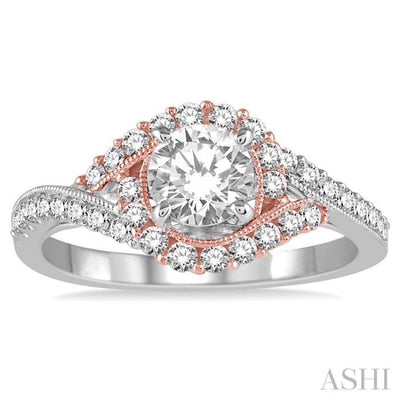 7/8 Ctw Diamond Engagement Ring with 1/2 Ct Round Cut Center Stone in 14K White and Rose Gold