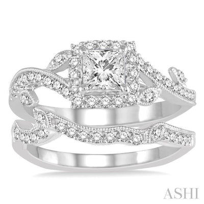 1 Ctw Diamond Bridal Set with 3/4 Ctw Princess Cut Engagement Ring and 1/5 Ctw Wedding Band in 14K White Gold