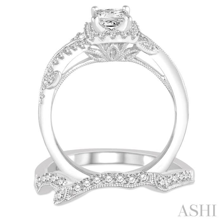 1 Ctw Diamond Bridal Set with 3/4 Ctw Princess Cut Engagement Ring and 1/5 Ctw Wedding Band in 14K White Gold