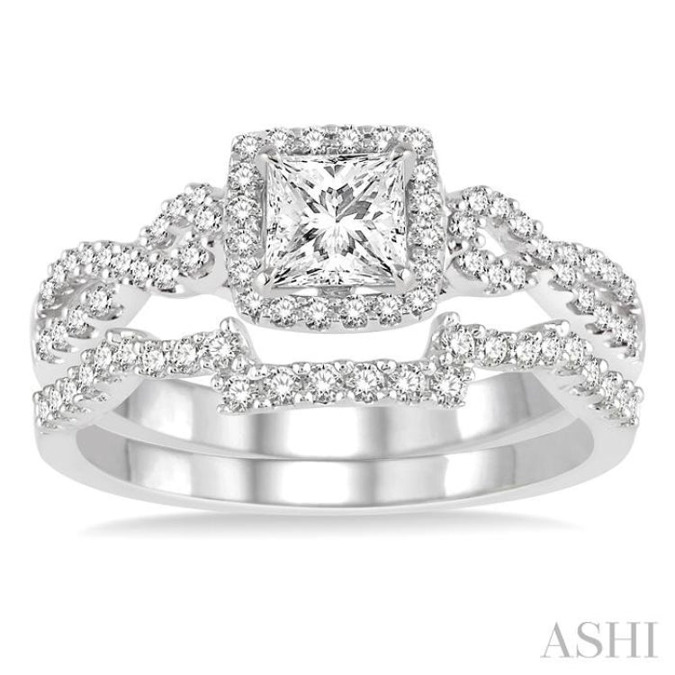 3/4 Ctw Diamond Bridal Set with 1/2 Ctw Princess Cut Engagement Ring and 1/5 Ctw Wedding Band in 14K White Gold