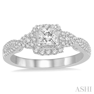 1/2 Ctw Diamond Engagement Ring with 1/4 Ct Princess Cut Center Stone in 14K White Gold