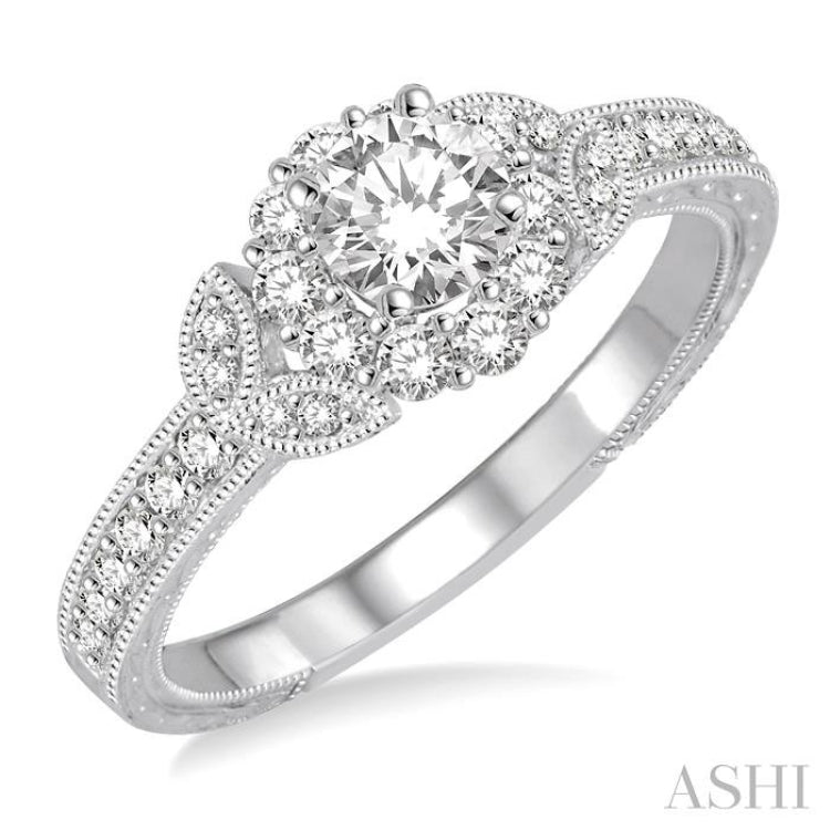 1/2 Ctw Diamond Engagement Ring with 1/5 Ct Round Cut Center Stone in 14K White Gold