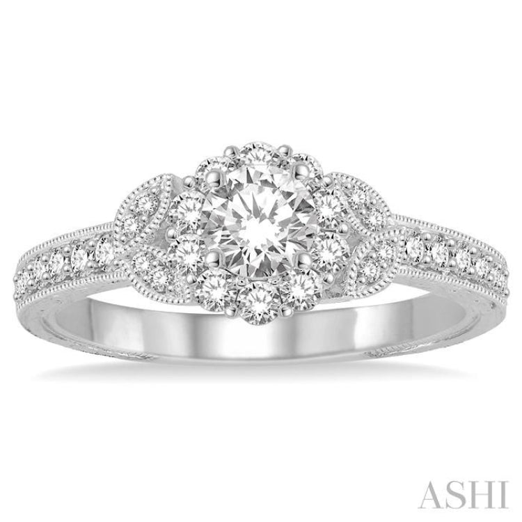 1/2 Ctw Diamond Engagement Ring with 1/5 Ct Round Cut Center Stone in 14K White Gold