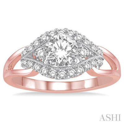 3/4 Ctw Diamond Engagement Ring with 1/2 Ct Round Cut Center Stone in 14K Rose and White Gold