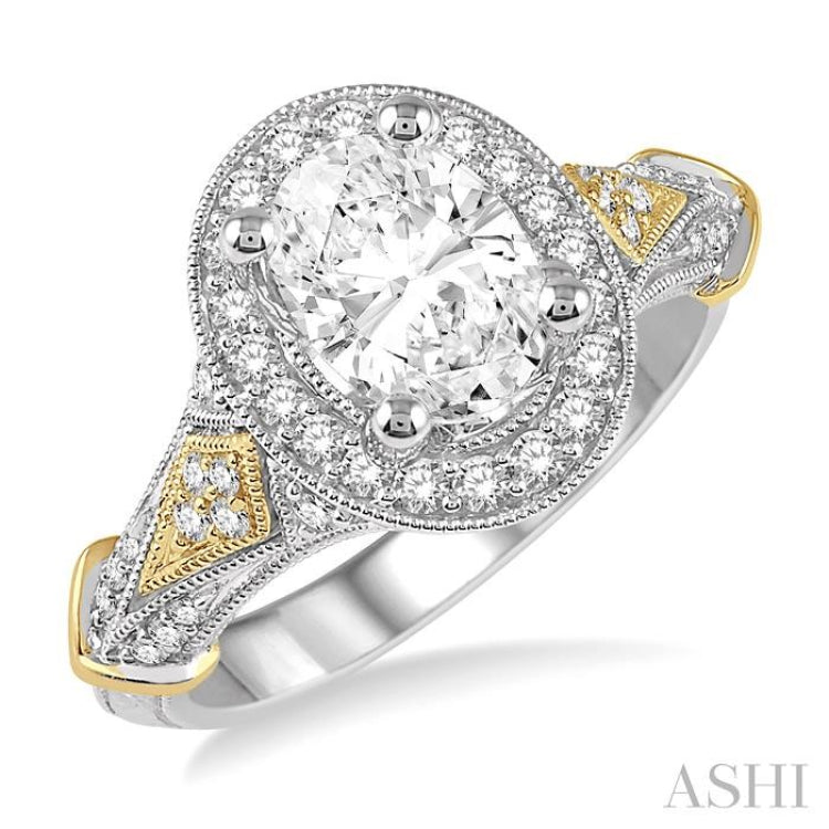 3/8 Ctw Round Diamond Oval Shape Semi-Mount Engagement Ring in 14K White and Yellow Gold