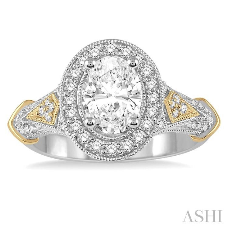 3/8 Ctw Round Diamond Oval Shape Semi-Mount Engagement Ring in 14K White and Yellow Gold