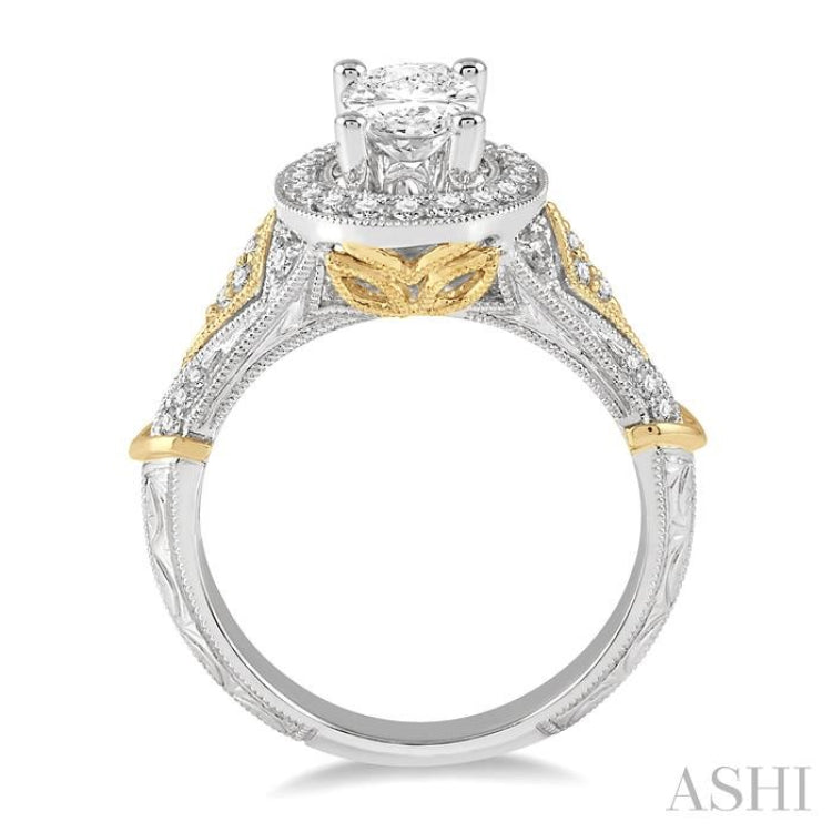 3/8 Ctw Round Diamond Oval Shape Semi-Mount Engagement Ring in 14K White and Yellow Gold