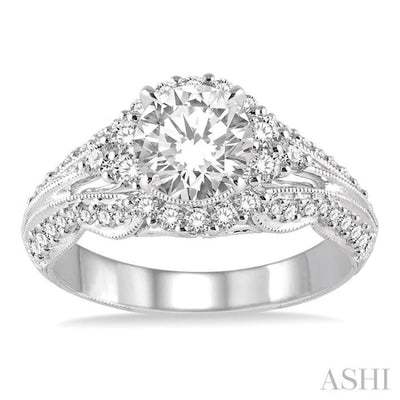 1 1/10 ctw Round Cut Diamond Ladies Engagement Ring with 1/2 Ct Round Cut Center Stone in 14K White Gold