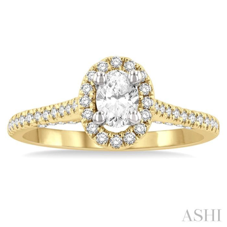 3/8 ctw Oval Shape Round Cut Diamond Semi-Mount Engagement Ring in 14K Yellow and White Gold