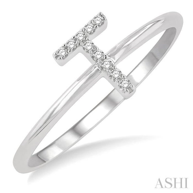 1/20 Ctw Initial 'T' Round Cut Diamond FAshion Ring in 10K White Gold