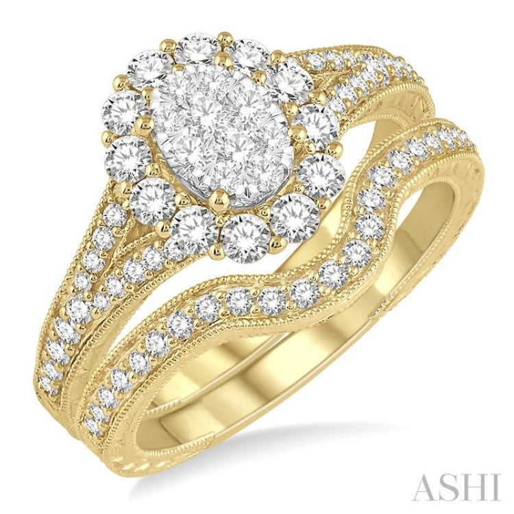 7/8 Ctw Lovebright Diamond Wedding Set With 3/4 Ctw Oval Shape Engagement Ring and 1/6 Ctw Wedding Band in 14K Yellow and White Gold