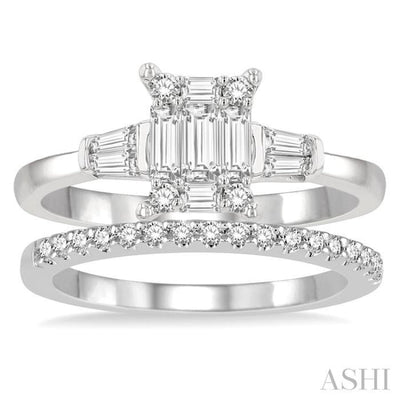 3/4 ctw Fusion Baguette & Round Cut Diamond Wedding Set With 1/2 ctw Tapered Tri-Mount Engagement Ring and 1/6 ctw Wedding Band in 14K White Gold