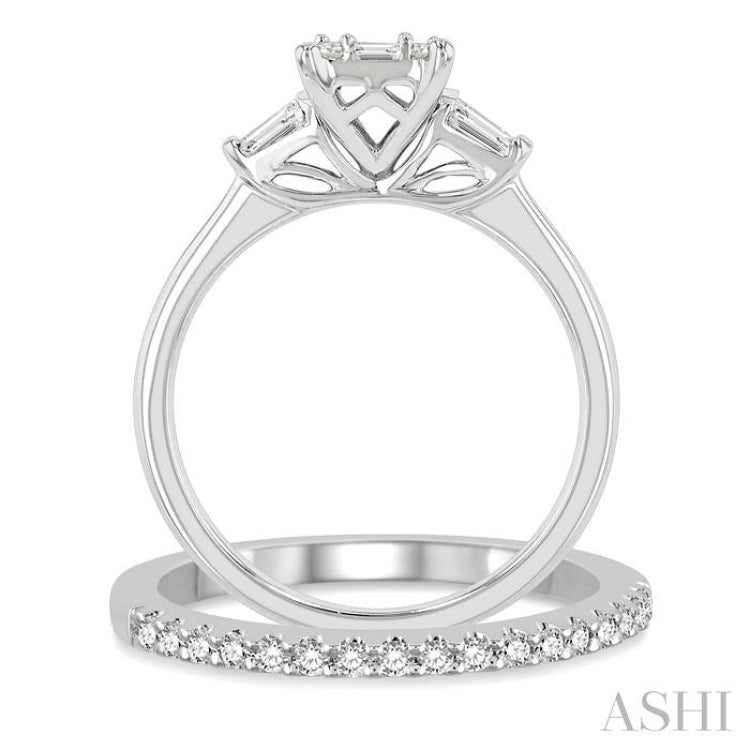 3/4 ctw Fusion Baguette & Round Cut Diamond Wedding Set With 1/2 ctw Tapered Tri-Mount Engagement Ring and 1/6 ctw Wedding Band in 14K White Gold