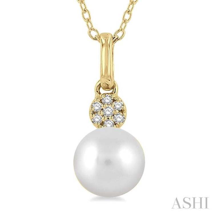 1/50 ctw Petite 6X6 MM Cultured Pearl and Round Cut Diamond FAshion Pendant With Chain in 10K Yellow Gold