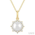 1/10 ctw Petite Sun 6X6 MM Cultured Pearl and Round Cut Diamond FAshion Pendant With Chain in 10K Yellow Gold