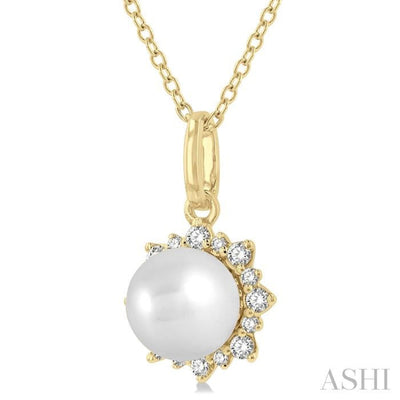 1/10 ctw Petite Sun 6X6 MM Cultured Pearl and Round Cut Diamond FAshion Pendant With Chain in 10K Yellow Gold