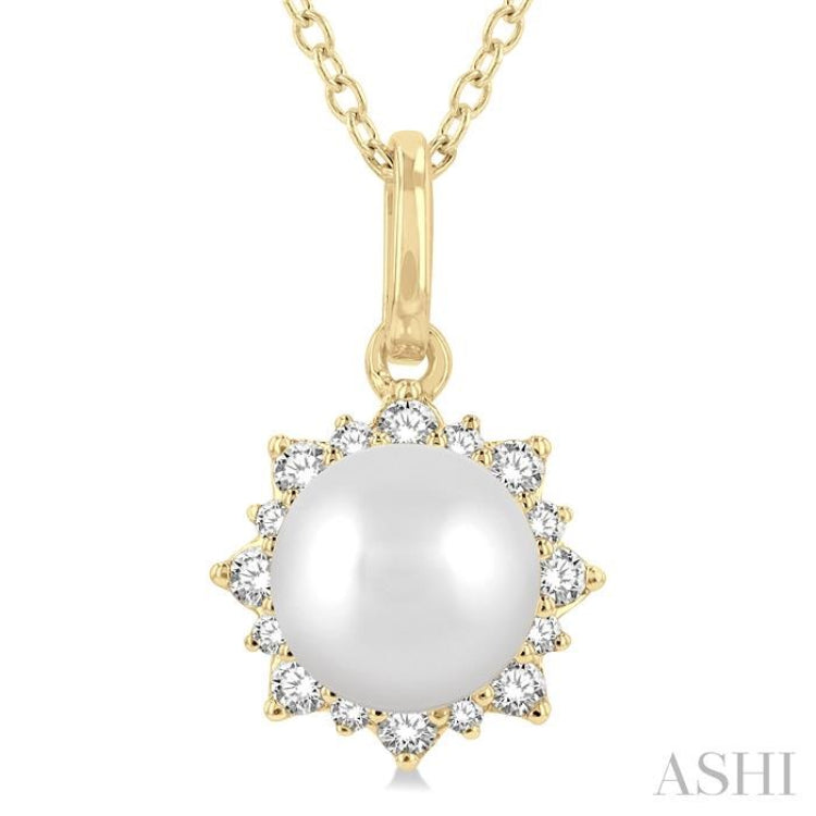 1/10 ctw Petite Sun 6X6 MM Cultured Pearl and Round Cut Diamond FAshion Pendant With Chain in 10K Yellow Gold