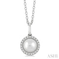 1/20 ctw Petite Round Cut Diamond Halo and 6X6 MM Cultured Pearl FAshion Pendant With Chain in 10K White Gold