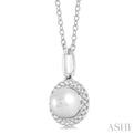 1/20 ctw Petite Round Cut Diamond Halo and 6X6 MM Cultured Pearl FAshion Pendant With Chain in 10K White Gold