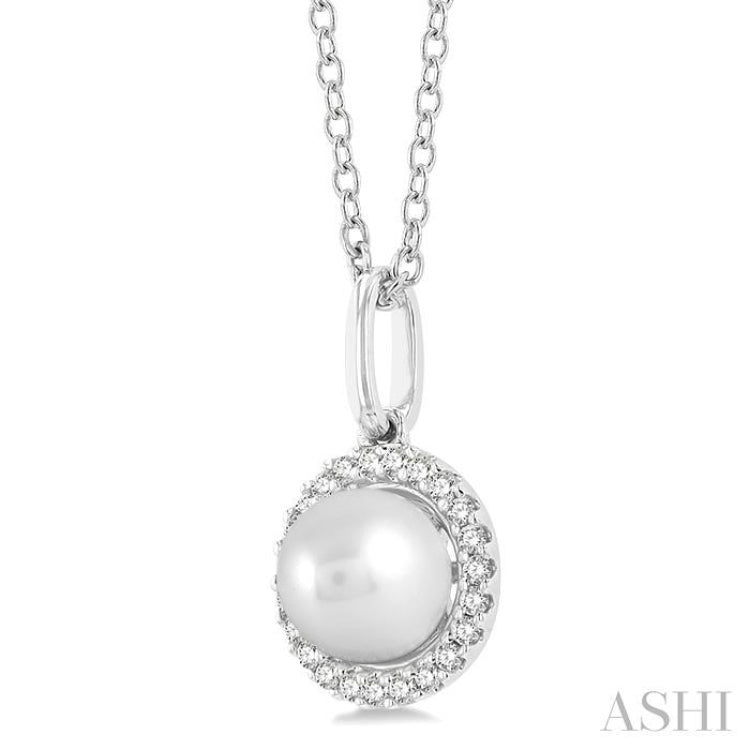 1/20 ctw Petite Round Cut Diamond Halo and 6X6 MM Cultured Pearl FAshion Pendant With Chain in 10K White Gold