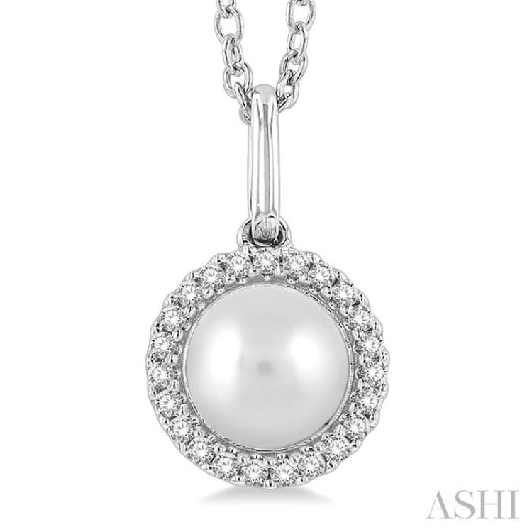 1/20 ctw Petite Round Cut Diamond Halo and 6X6 MM Cultured Pearl FAshion Pendant With Chain in 10K White Gold