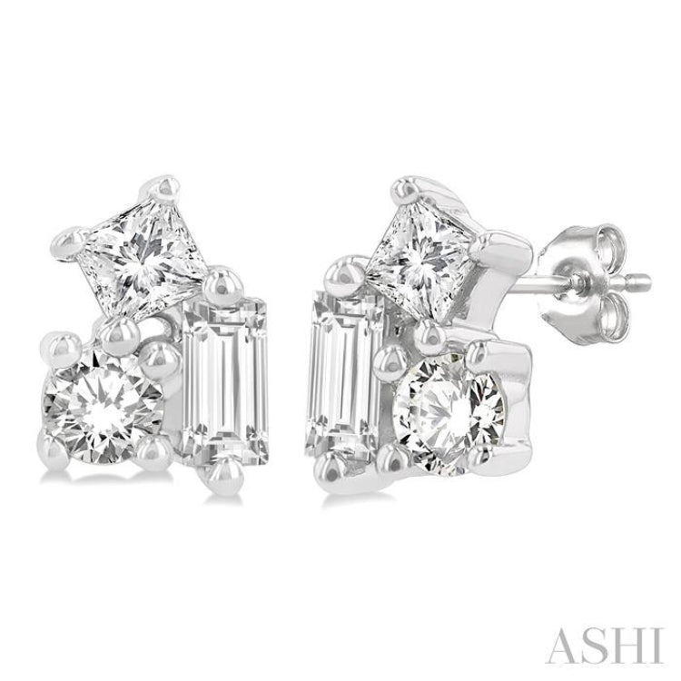 1/6 ctw Petite Tri-Stone Scatter Princess, Baguette & Round Cut Diamond FAshion Stud Earring in 10K White Gold