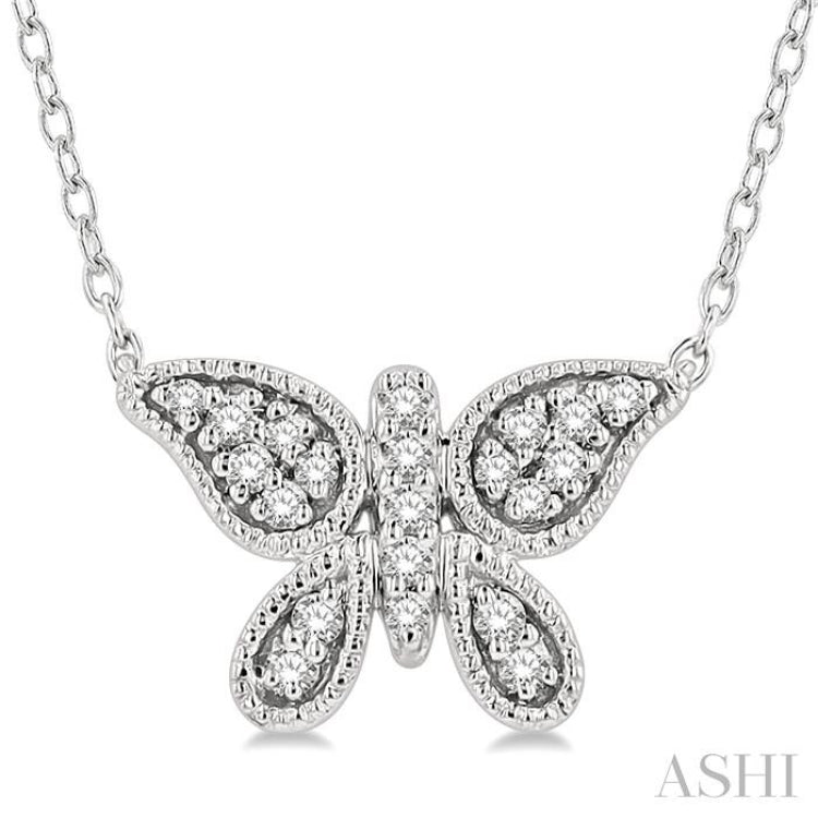 1/10 Ctw Butterfly Petite Round Cut Diamond FAshion Pendant With Chain in 10K White Gold