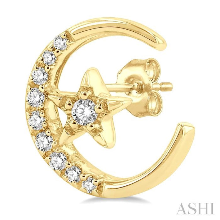 1/10 ctw Crescent Moon and Star Round Cut Petite Diamond FAshion Stud Earring in 10K Yellow Gold