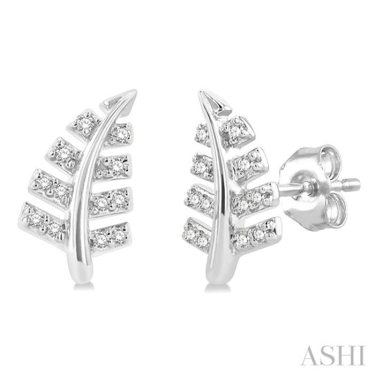 1/10 Ctw Fern Leaf Petite Round Cut Diamond FAshion Stud Earring in 10K White Gold