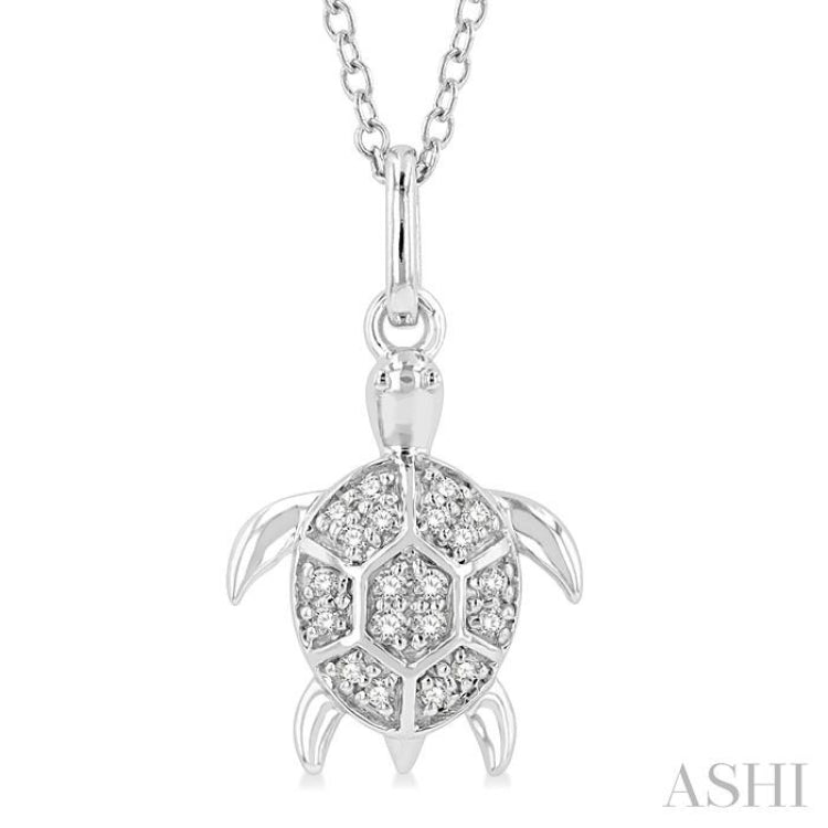 1/10 Ctw Sea Turtle Petite Round Cut Diamond FAshion Pendant With Chain in 10K White Gold