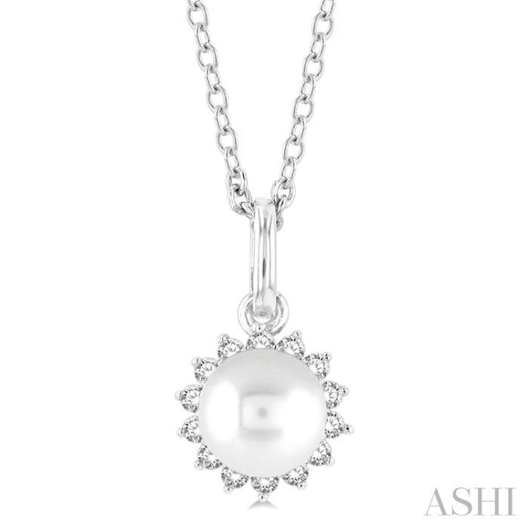 1/10 ctw Petite 6X6 MM Cultured Pearl and Round Cut Diamond FAshion Pendant With Chain in 10K White Gold