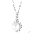 1/10 ctw Petite 6X6 MM Cultured Pearl and Round Cut Diamond FAshion Pendant With Chain in 10K White Gold