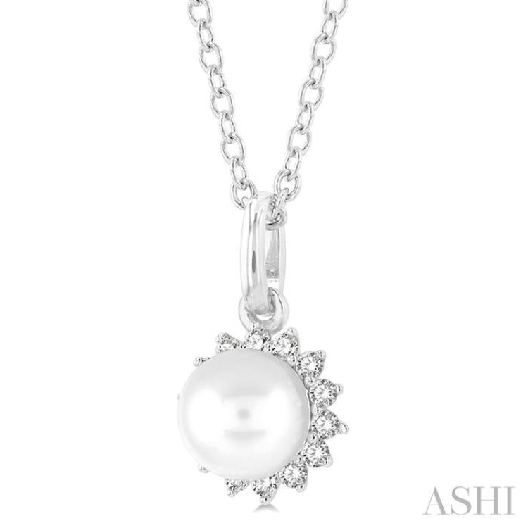 1/10 ctw Petite 6X6 MM Cultured Pearl and Round Cut Diamond FAshion Pendant With Chain in 10K White Gold