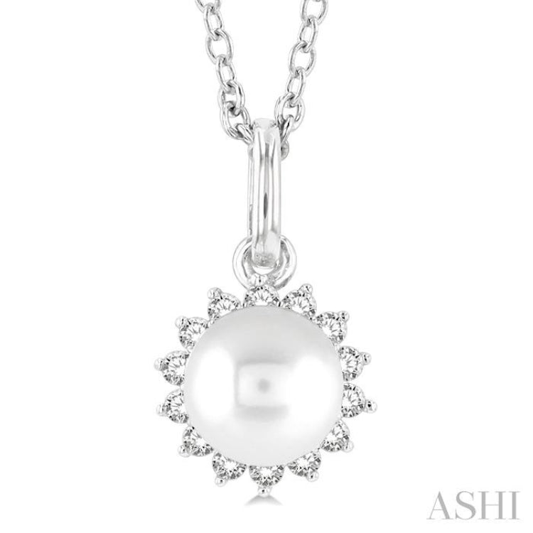 1/10 ctw Petite 6X6 MM Cultured Pearl and Round Cut Diamond FAshion Pendant With Chain in 10K White Gold