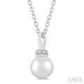 1/20 ctw Petite 6X6 MM Cultured Pearl and Round Cut Diamond Crown FAshion Pendant With Chain in 10K White Gold