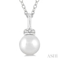 1/20 ctw Petite 6X6 MM Cultured Pearl and Round Cut Diamond Crown FAshion Pendant With Chain in 10K White Gold