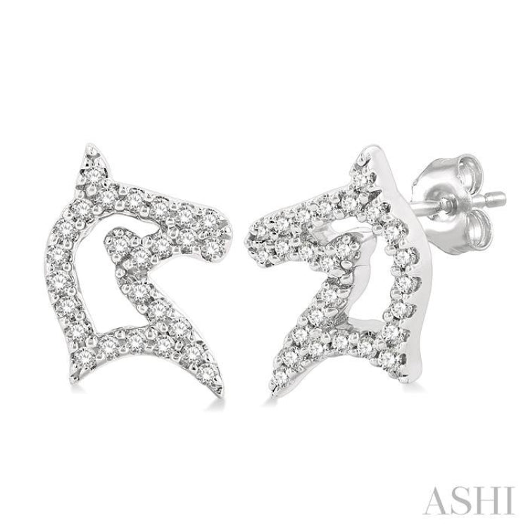 1/6 ctw Petite Horse Head Round Cut Diamond FAshion Stud Earring in 10K White Gold