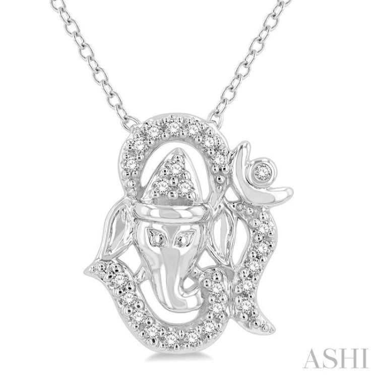 1/10 Ctw Ganesha in OM Petite Round Cut Diamond FAshion Pendant With Chain in 10K White Gold