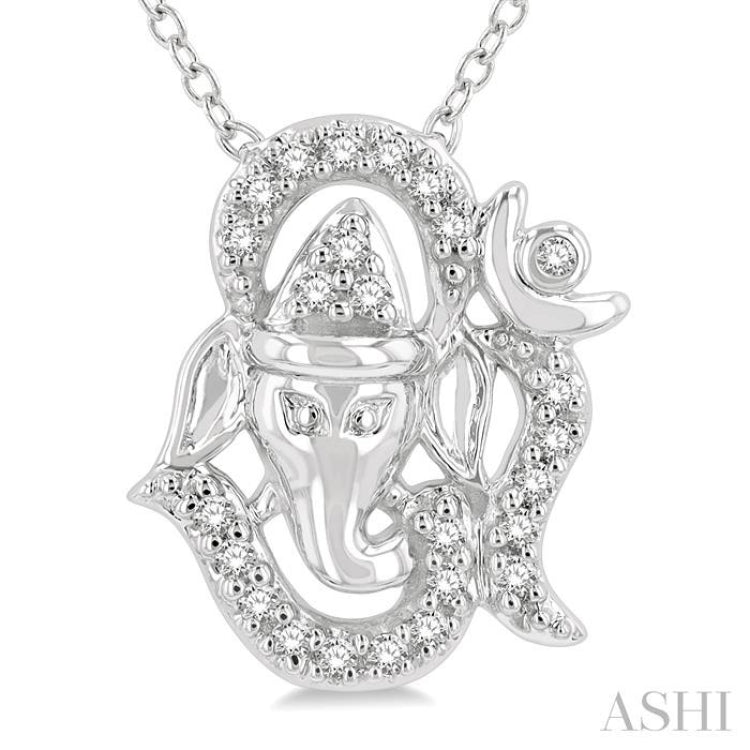 1/10 Ctw Ganesha in OM Petite Round Cut Diamond FAshion Pendant With Chain in 10K White Gold