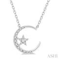 1/10 Ctw Crescent Moon and Star Round Cut Petite Diamond FAshion Pendant With Chain in 10K White Gold