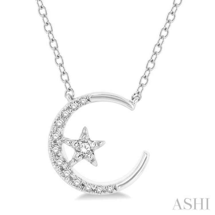 1/10 Ctw Crescent Moon and Star Round Cut Petite Diamond FAshion Pendant With Chain in 10K White Gold