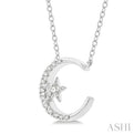 1/10 Ctw Crescent Moon and Star Round Cut Petite Diamond FAshion Pendant With Chain in 10K White Gold