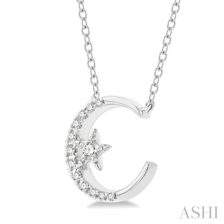 1/10 Ctw Crescent Moon and Star Round Cut Petite Diamond FAshion Pendant With Chain in 10K White Gold