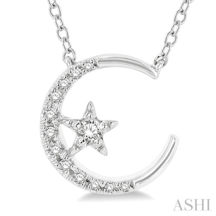 1/10 Ctw Crescent Moon and Star Round Cut Petite Diamond FAshion Pendant With Chain in 10K White Gold