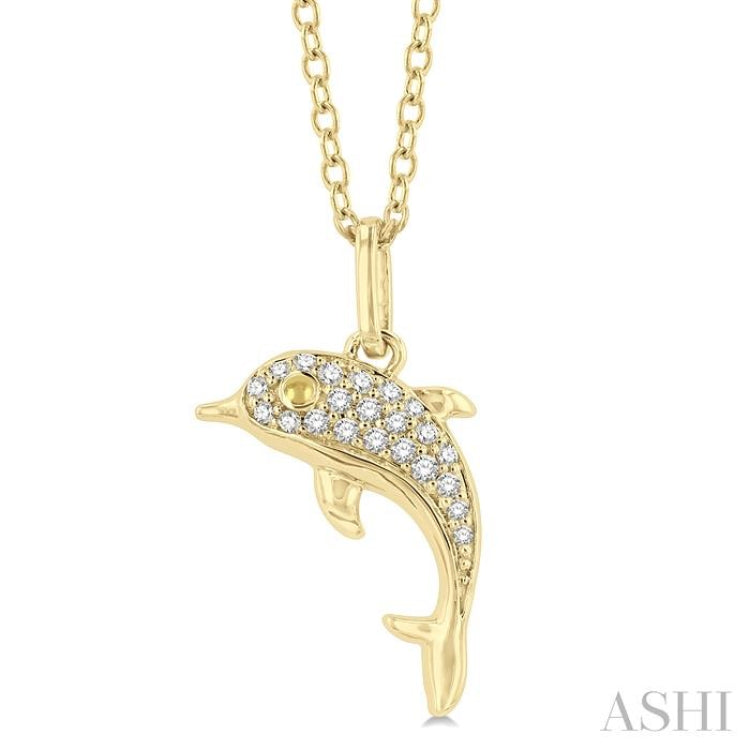 1/10 ctw Petite Nautical Dolphin Round Cut Diamond FAshion Pendant With Chain in 10K Yellow Gold