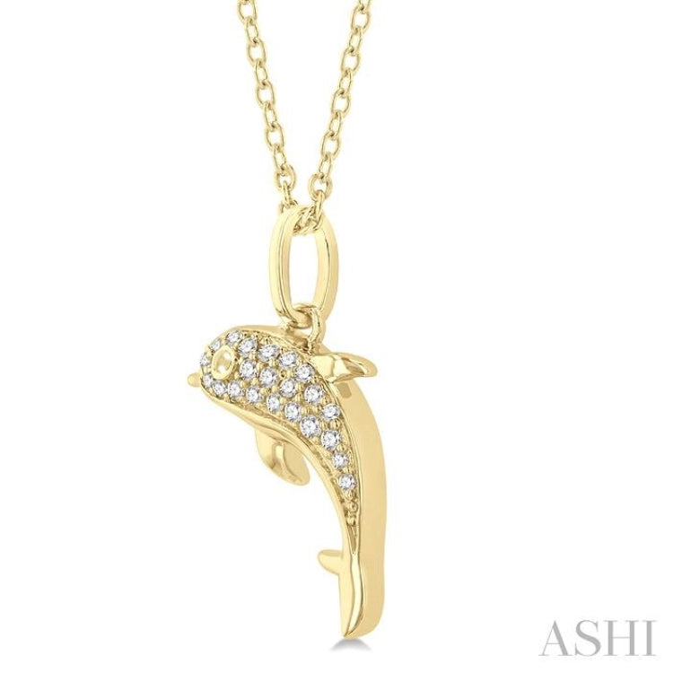 1/10 ctw Petite Nautical Dolphin Round Cut Diamond FAshion Pendant With Chain in 10K Yellow Gold