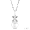 1/50 ctw Petite Floral Round Cut Diamond and 6X6 MM Cultured Pearl FAshion Pendant With Chain in 10K White Gold