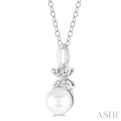 1/50 ctw Petite Floral Round Cut Diamond and 6X6 MM Cultured Pearl FAshion Pendant With Chain in 10K White Gold