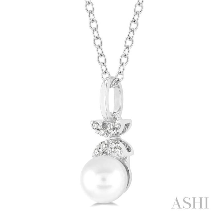 1/50 ctw Petite Floral Round Cut Diamond and 6X6 MM Cultured Pearl FAshion Pendant With Chain in 10K White Gold